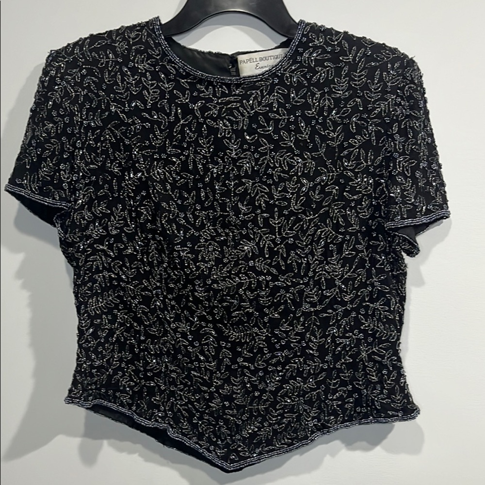 Vintage Silk Beaded Formal Evening Blouse Top short sleeve zip size Large Petite